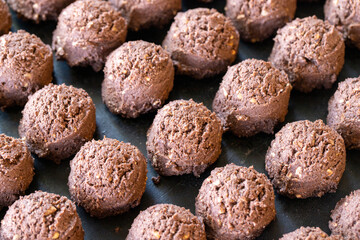 Sweet cocoa cookies. Freshly baked cocoa cookies in a tray. close up