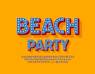 Vector sunny poster Beach Party. Blue Lamp Font. Trendy style Alphabet Letters and Numbers set