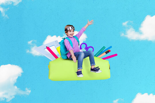 Exclusive painting magazine sketch image of little kid riding big pen case flying skies isolated painting background