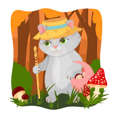 A gray cat in a funny hat collects mushrooms. Autumn entertainment. Pet. Kitten. Vector illustration.
