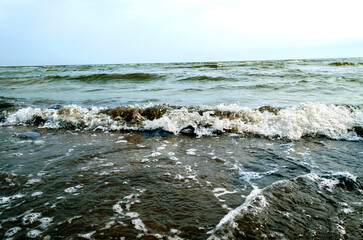 Fototapeta na wymiar sea waves and foam rolling onto the sandy shore