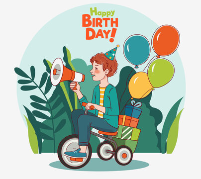 Cute boy rides on bicycle. Funny kid having fun. Happy Birthday vector illustration. Boy shouting on the megaphone
