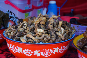 mixed rice stall that sells pork innards at the traditional market