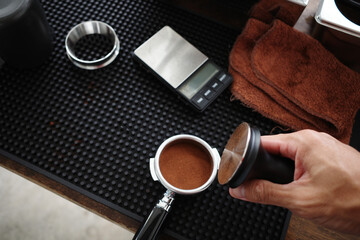 Preparing procress of puck for extration espresso shot. - 522234522