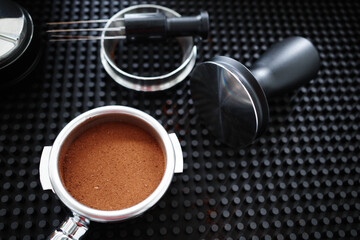 Preparing procress of puck for extration espresso shot. - 522234553