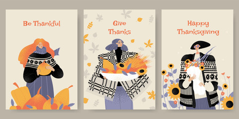 Thanksgiving greeting card set with cute girls with autumn flowers, leaves, vegetables and fruits