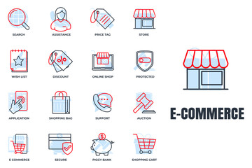 Set of E-commerce icon logo vector illustration. shopping cart, wish list, piggy bank, search, secure, protected shield and more pack symbol template for graphic and web design collection