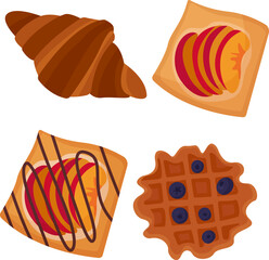 set of sweet pastries in a flat style isolated on a white background. Croissants, Belgian waffle, fruit filling, French desserts