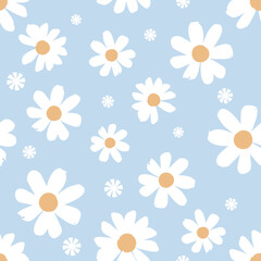 Fototapeta na wymiar Seamless pattern with daisy flower on blue background vector. Cute floral print.