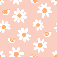 Seamless background with daisy flowers and snail cartoons on pink background vector.  © Thanawat