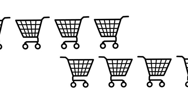 Shopping cart shadows black passing both sides horizontal 2d animation over white
