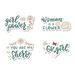 Wildflowers woman lettering set for stickers, greeting card, tshirt design. Girl power, woman is a flower, go girl, you are my shero