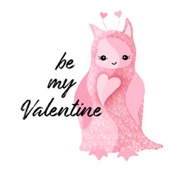 Be my Velantine vector card with fairytale girlfriend. Couple in love concept. Hearts. Mix of cat, owl and penguin. Pink Valentine's Day card. Kitty with heart. 