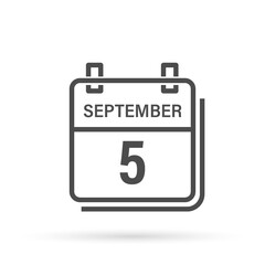 September 5, Calendar icon with shadow. Day, month. Flat vector illustration.