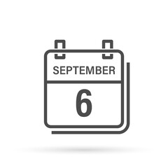 September 6, Calendar icon with shadow. Day, month. Flat vector illustration.