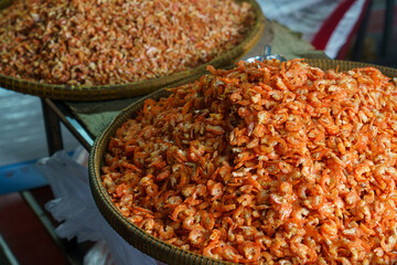 Cambodia. The seaside resort of Kep. Krong Kep Province. Crab market. Small dried shrimp stall