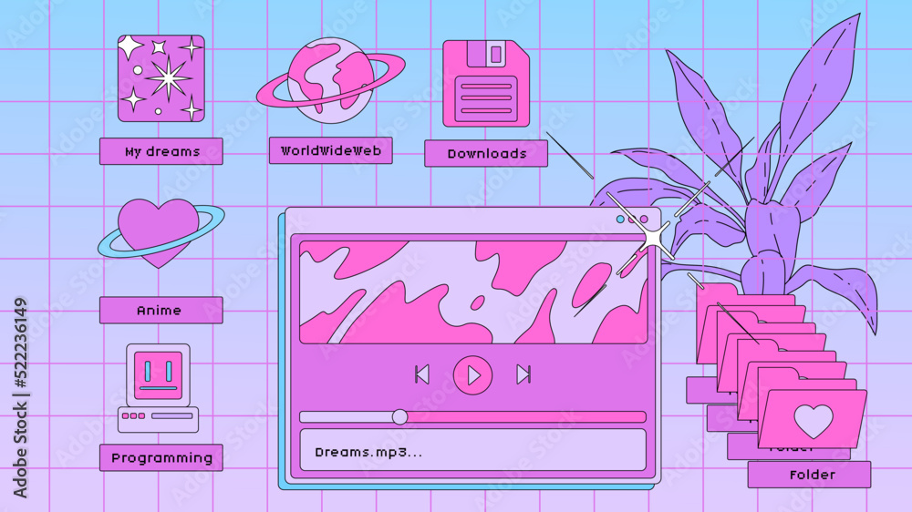 Poster Vaporwave retro desktop with user interface elements. Modern anime illustrations in nostalgic colorful style of the 80s and 90s.