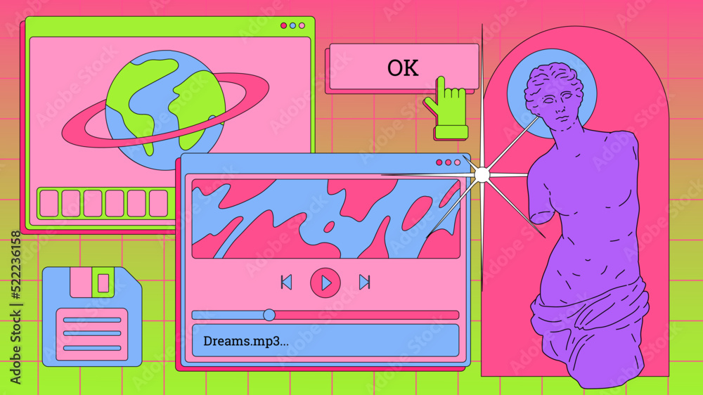 Poster Vaporwave retro desktop with user interface elements. Vintage comics illustrations in nostalgic colorful style of the 80s and 90s.