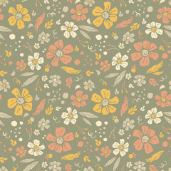 Colorful garden with flowers and leaves, Botanical seamless pattern, Vector background for for textile, fabric, wrapping paper, linens, wallpaper etc