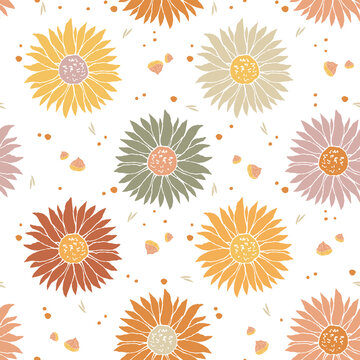 Autumn Sunflowers, Botanical seamless pattern, Vector background for for textile, fabric, wrapping paper, linens, wallpaper etc