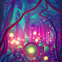 Magic Fairy forest at night. Glowing neon lights. Mysterious scene. Fantasy wallpaper. 3D illustration.