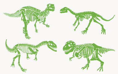 Obraz na płótnie Canvas Graphical set of green silhouettes of dinosaur skeletons isolated on white background,vector color illustration