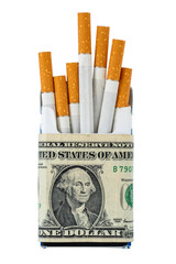 Package of cigarette wrapped with dollar banknote