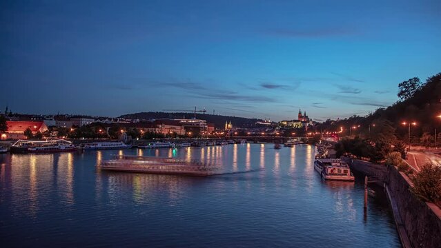 Scenic View Of The Cathedral Of St. Vitus, Wenceslas And Vojtech In Evening Lights With Reflections In Water In Prague, Czech Republic. - Wide Shot