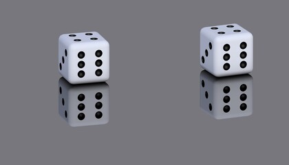 Two dice on a glossy surface. 3D rendering