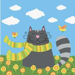 happy gray cat in a scarf in a flower meadow surrounded by birds