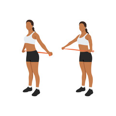 Woman doing Shoulder stretch with long resistance band exercise. Flat vector illustration isolated on white background