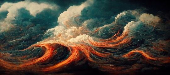 Fototapeta na wymiar Dramatic stormy seascape, turbulent surreal ocean waves with fiery orange sunset glow - hurricane gale surf. Gloomy overcast clouds and dark color theme, digital painting.