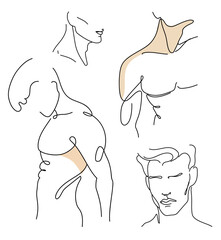 Vector set of male body parts in line-art style.