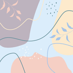 trendy background template with abstract shapes, outline leaves and dots