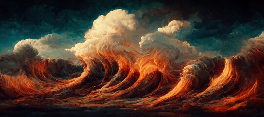 Dramatic stormy seascape, turbulent surreal ocean waves with fiery orange sunset glow - hurricane gale surf. Gloomy overcast clouds and dark color theme, digital painting.