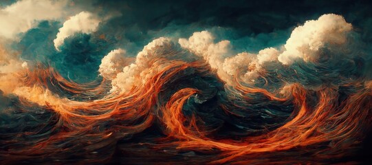 Dramatic stormy seascape, turbulent surreal ocean waves with fiery orange sunset glow - hurricane gale surf. Gloomy overcast clouds and dark color theme, digital painting.