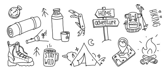 Hand drawn hiking illustration. Camping outdoor doodle set. Wild adventure equipment. Navigation and camp cartoon simple vector collection. © Kristina