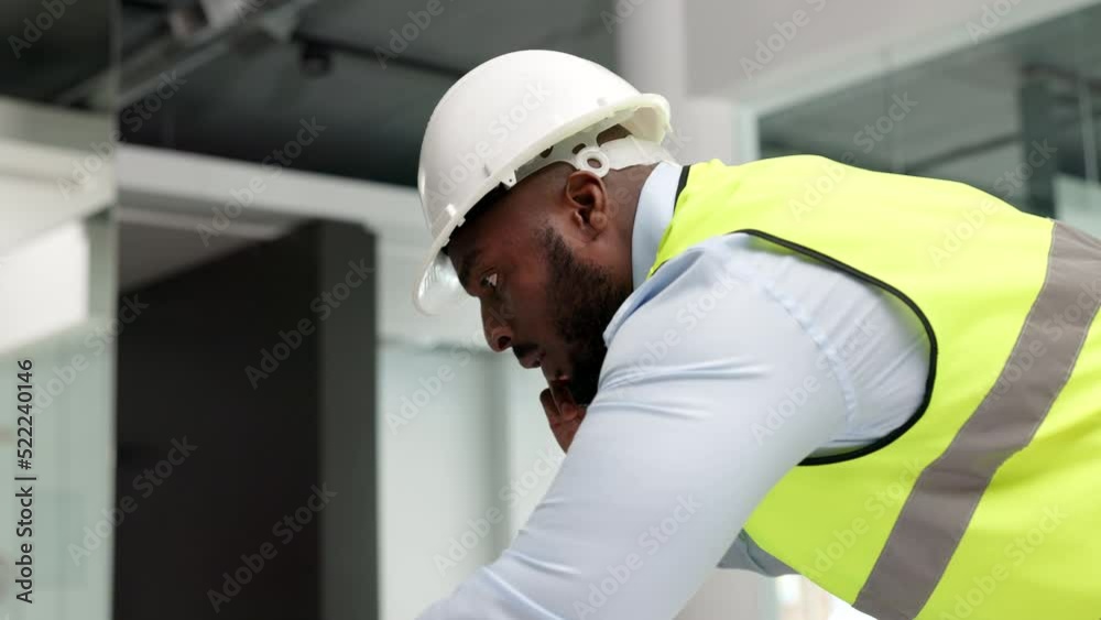 Aufkleber Engineer, technician and contractor talking on phone while busy multitasking on a construction site. Building manager, architect or foreman on a call with his client about renovations and deadline