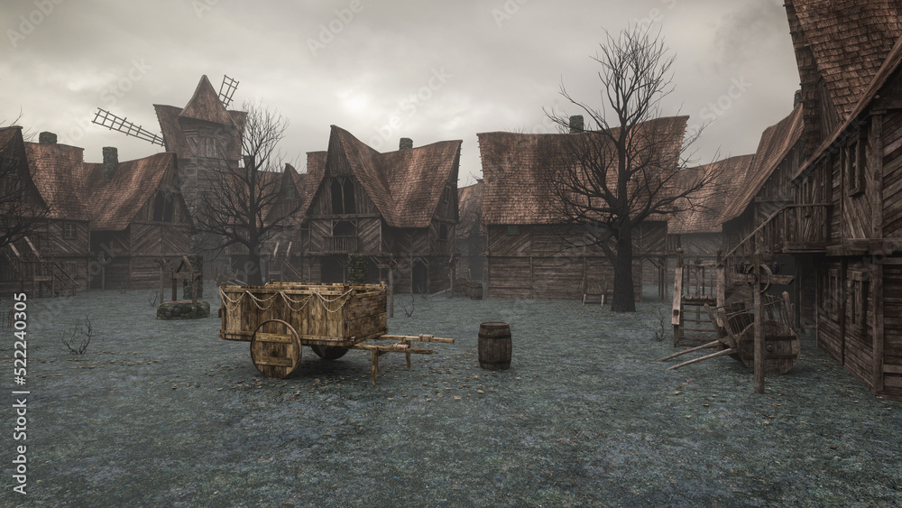 Poster dark moody medieval town with wooden carts and buildings. 3d rendering.