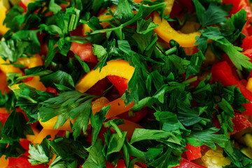 Juicy salad of seasonal summer vegetables close-up. Tomatoes, cucumbers, bell peppers, parsley.