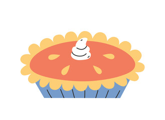 Hand drawn cute cartoon illustration of pumpkin pie with whipped cream. Flat vector Halloween and Thanksgiving sticker in simple colored doodle style. Fall or autumn food icon or print. Isolated.