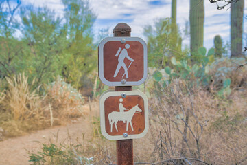 Hiking and horse riding trail signs at Tucson, Arizona
