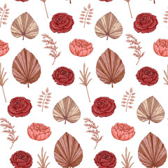 Modern dried flowers seamless pattern. Boho design. Hand drawn vector illustration