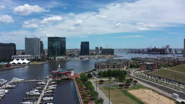 Aerial panoramic view of Baltimore City Inner Harbor with buildings, fells point, little italy.