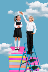 Fototapeta Vertical composite collage of two happy kids stand ladder book pile stack measure height isolated on clouds sky background obraz