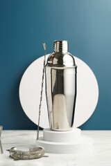 Bartender equipment - stainless steel silver colored cocktail shaker, hawthorne strainer, pourers,...