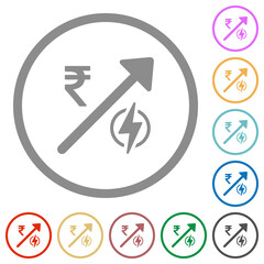Rising electricity energy Indian Rupee prices flat icons with outlines