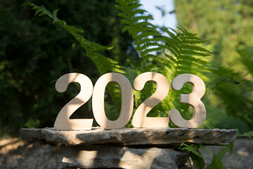 wooden numbers 2023 on a green background fern leaves. happy new year 2023 background banner...