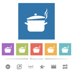 Steaming pot with lid flat white icons in square backgrounds