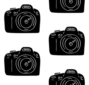 Vector seamless pattern of hand drawn doodle sketch black photo camera isolated on white background